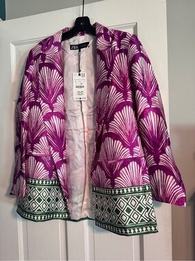 Zara Purple & White Open-Front Jacket with Green Trim